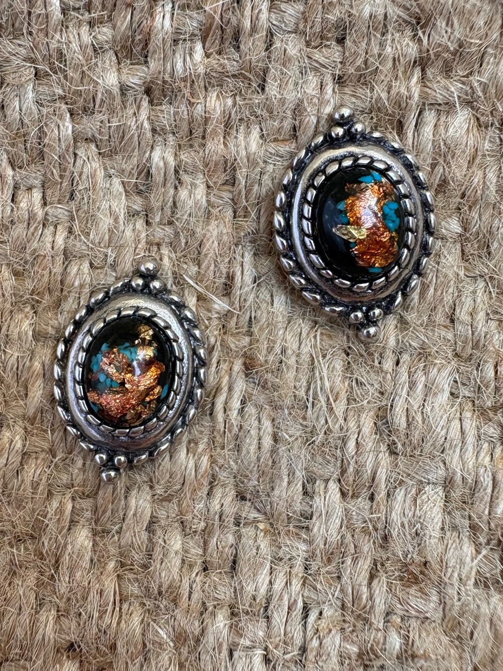Vintage-Inspired Copper, Gold & Teal Oval Stud Earrings - Stamped “SW 94”